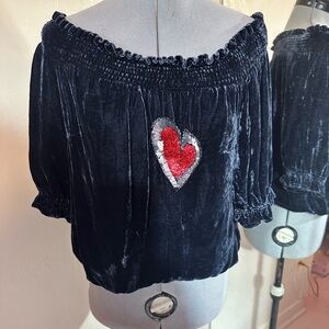 My Lullaby Blue Velvet Off-Shoulder Top with Sequin Heart - Black Size L